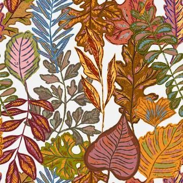 Seamless pattern with bright autumn leaves. Cute whimsical hand drawn fall fo 스톡 일러스트