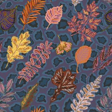 Seamless pattern with bright autumn leaves. Cute whimsical hand drawn fall fo Illustrazione stock