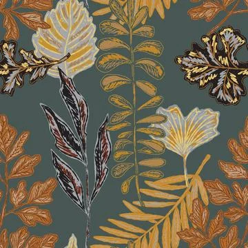 Seamless pattern with bright autumn leaves. Cute whimsical hand drawn fall fo Illustrazione stock