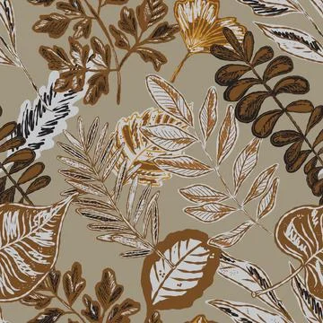 Seamless pattern with bright autumn leaves. Cute whimsical hand drawn fall fo Stock Illustration