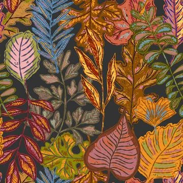 Seamless pattern with bright autumn leaves. Cute whimsical hand drawn fall fo Stock Illustration