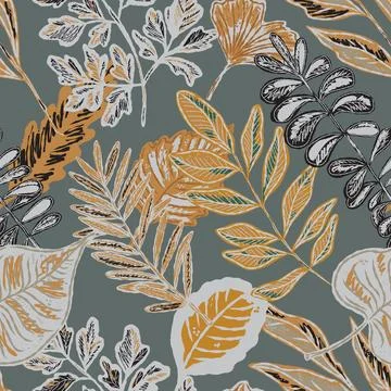 Seamless pattern with bright autumn leaves. Cute whimsical hand drawn fall fo Illustrazione stock