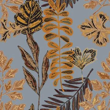 Seamless pattern with bright autumn leaves. Cute whimsical hand drawn fall fo Stock Illustration