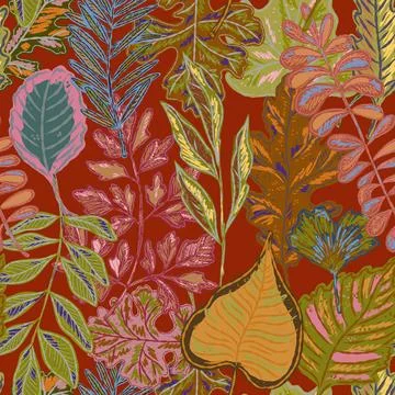 Seamless pattern with bright autumn leaves. Cute whimsical hand drawn fall fo Stock Illustration