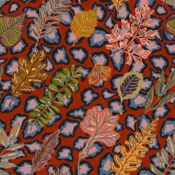 Seamless pattern with bright autumn leaves. Cute whimsical hand drawn fall fo Illustrazione stock