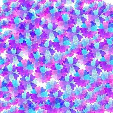 Seamless pattern bright blue pink purple flowers cornflower, violet, pansy  o Stock Illustration