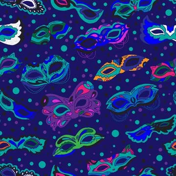 Seamless pattern with bright carnival masks in a decorative style. Inspired b Stock Illustration