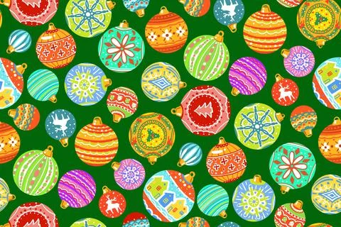 Seamless pattern. Bright Christmas tree toys on a green background. New Year and Stock Illustration