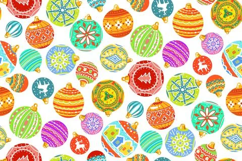 Seamless pattern. Bright Christmas tree toys on a white background. New Year and Stock Illustration