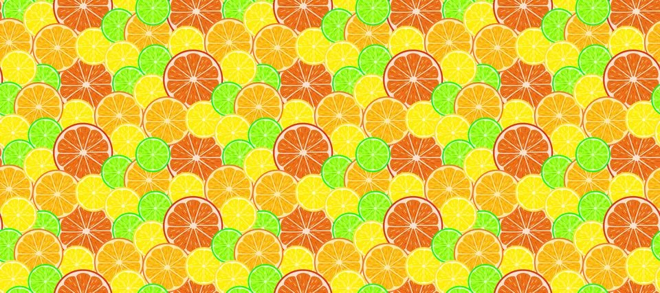 Seamless pattern of bright citrus fruit slices with orange, lemon, lime and.. Stock Illustration