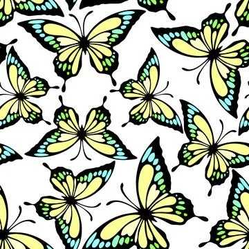 Seamless pattern of bright colored butterflies on a white background Stock Illustration