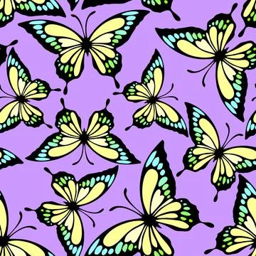 Seamless pattern of bright colored butterflies on a purple background, text.. Stock Illustration