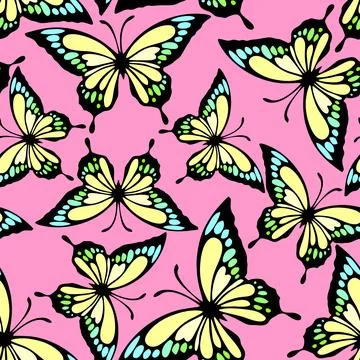 Seamless pattern of bright colored butterflies on a pink background, textur.. Stock Illustration