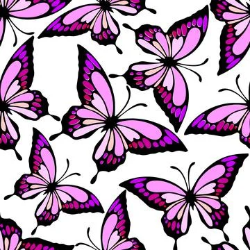 Seamless pattern of bright colored butterflies on a white background, textu.. Stock Illustration