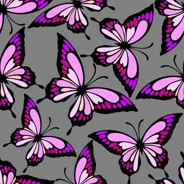 Seamless pattern of bright colored butterflies on a gray background, textur.. Stock Illustration