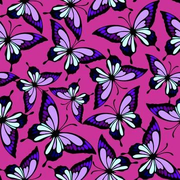 Seamless pattern of bright colored butterflies on a purple background, text.. Stock Illustration