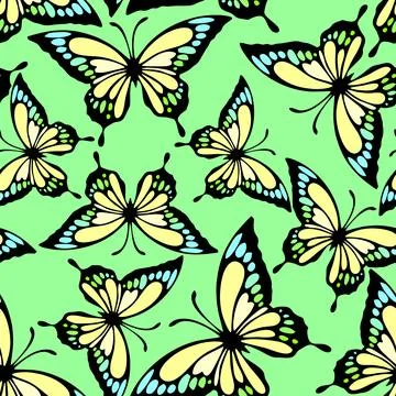 Seamless pattern of bright colored butterflies on a green background, textu.. Stock Illustration