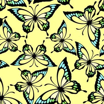 Seamless pattern of bright colored butterflies on a yellow background, text.. Stock Illustration