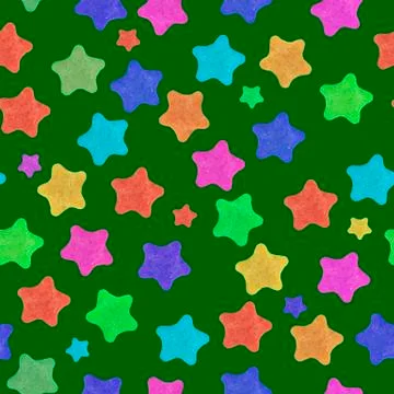 Seamless pattern of bright colored stars on a dark green background, for cont Foto stock