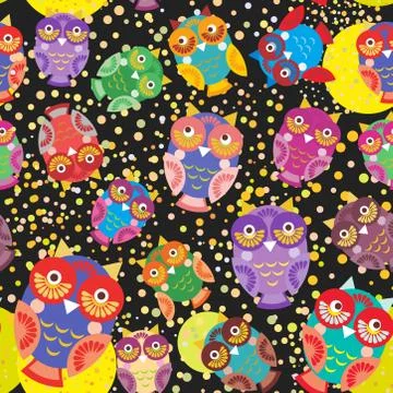 Seamless pattern bright colorful cute owls on black background, funny birds f Stock Illustration