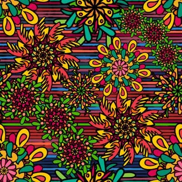 Seamless pattern with bright colorful drawn mandala flowers イラスト素材