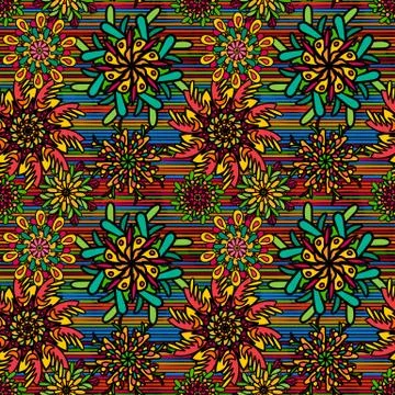 Seamless pattern with bright colorful drawn mandala flowers イラスト素材