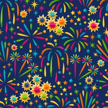 Seamless pattern with bright colorful fireworks and salute Stock Illustration