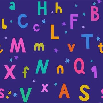 Seamless pattern with bright colorful hand drawn doodle letters and stars for Stock Illustration
