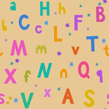 Seamless pattern with bright colorful hand drawn doodle letters and stars for Stock Illustration