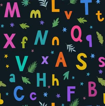 Seamless pattern with bright colorful hand drawn doodle letters and stars for Stock Illustration