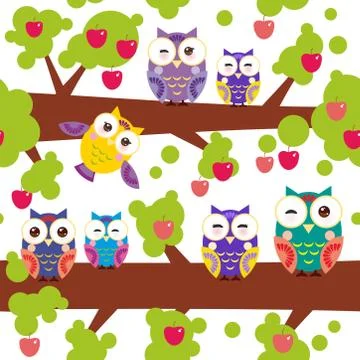 Seamless pattern bright colorful owls on the branch of a tree with red apples on Stock Illustration