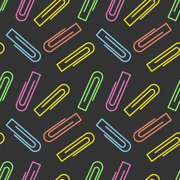 Seamless pattern of bright colorful paper clips on a dark background. Office and Stock Illustration