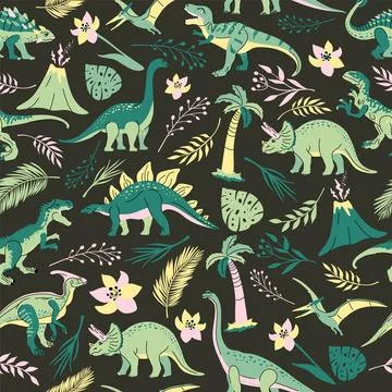 Seamless pattern with bright dinosaurs and green plants including T-rex, Br.. Stock Illustration