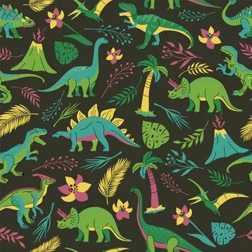 Seamless pattern with bright dinosaurs and green plants including T-rex, Br.. Stock Illustration