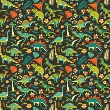 Seamless pattern with bright dinosaurs and green plants including T-rex, Br.. Stock Illustration