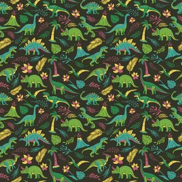 Seamless pattern with bright dinosaurs and green plants including T-rex, Br.. Stock Illustration
