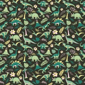 Seamless pattern with bright dinosaurs and green plants including T-rex, Br.. Stock Illustration