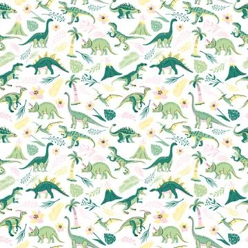 Seamless pattern with bright dinosaurs and green plants including T-rex, Br.. Stock Illustration