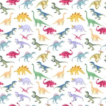 Seamless pattern with bright dinosaurs including T-rex, Brontosaurus, Trice.. Stock Illustration