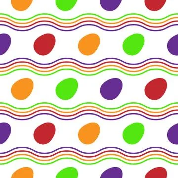 Seamless Pattern with bright easter eggs and wavy lines. Flat vector Stock Illustration