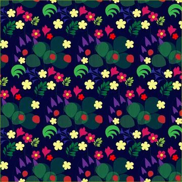 Seamless pattern with bright flowers and grass. Stock Illustration