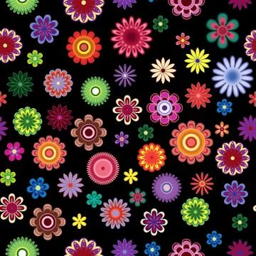 Seamless pattern with bright flowers over black Stock Illustration