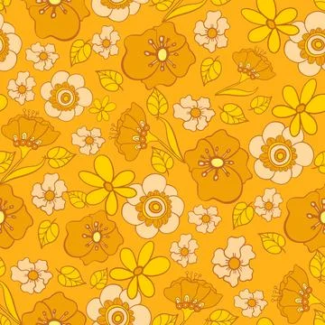 Seamless pattern with bright flowers in the style of the 70s Stock Illustration