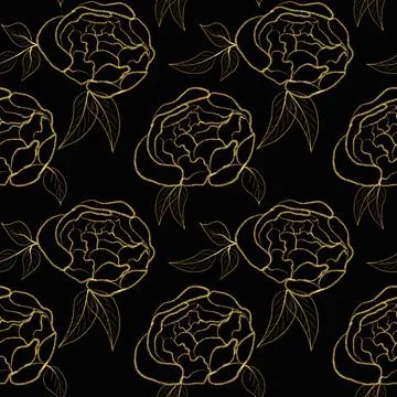 Seamless pattern bright gold rosebuds. Hand drawn line roses. Stock Illustration