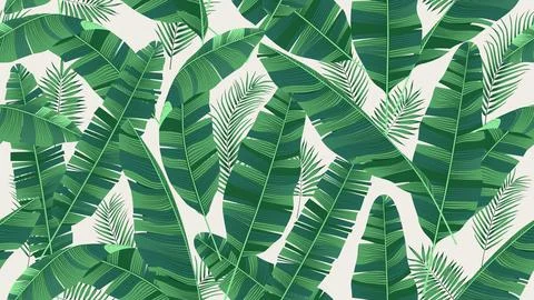 Seamless pattern with bright green leaves of banana palm and tropical plants  Stock Illustration
