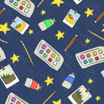 Seamless pattern bright. Hobby and drawing items, Vector illustration for pri Stock Illustration