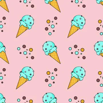 Seamless pattern of bright ice cream and round crumbs on pink background Stock Illustration