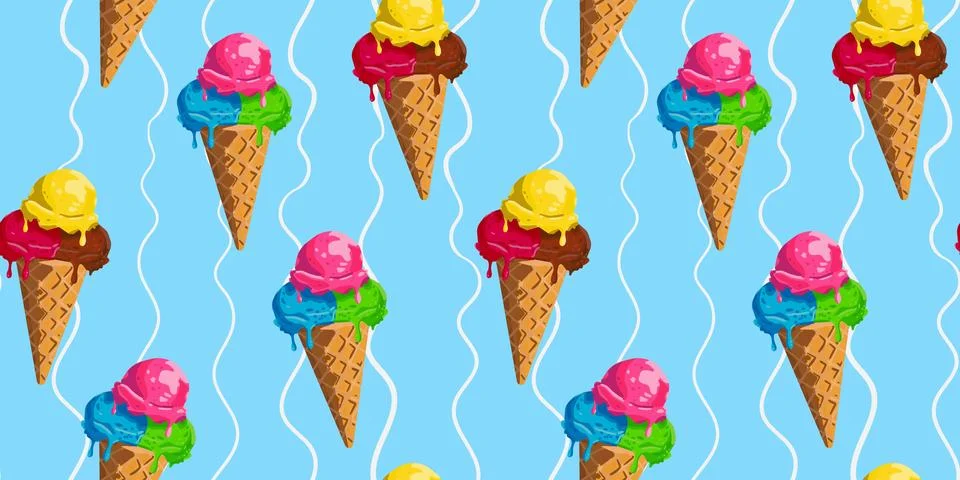 Seamless pattern of a bright ice cream cone on a light blue background with.. Stock Illustration