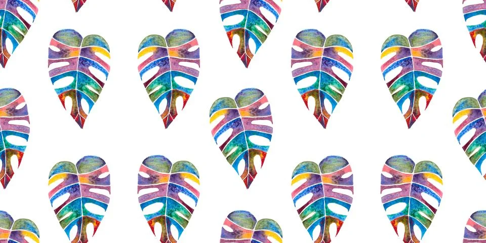 Seamless pattern of bright multicolored monstera or philodendron leaf hand drawn Stock Illustration