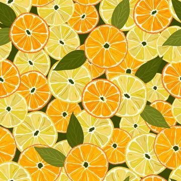 Seamless pattern with bright orange, lemon slices, green leaves. Colorful s.. Stock Illustration
